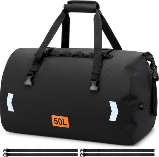 Waterproof Duffel Bag, 50L Roll-top Motorcycle Dry Bag with Air Valve & Quick-fixed Straps, Travel Duffle Bags for Kayaking Paddle Boarding Rafting Boating Camping Riding Fishing - Black