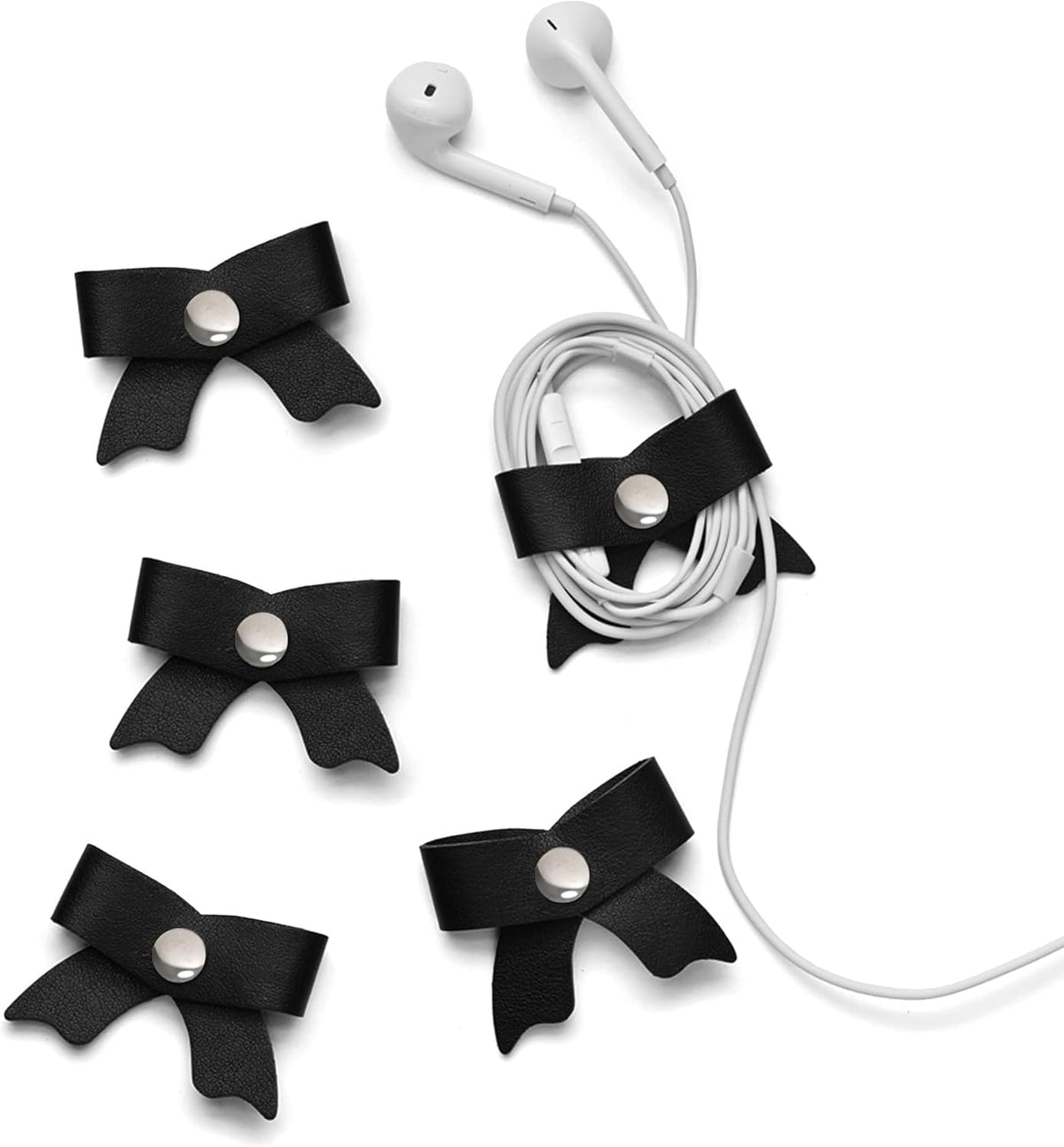 SenseAGE 5 Pack Cord Organizer, Bow Cord Keeper, Cable Organizer USB Holder, Leather Cable Management, Cable Straps, Earphone Winder, Storage Straps for Electronics, Earbuds, Small, Black