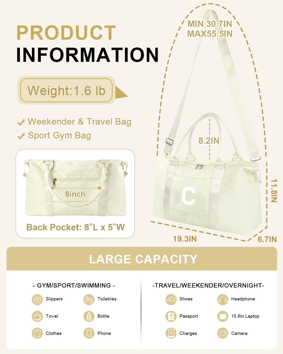 Initial Travel Duffel Bag Sports Gym Bag for Kids Teen Birthday Gifts,Beige Personalized Weekender Bag Carry On Dance Bags for Women Men,Waterproof Monogram Overnight Bag with Trolley Sleeve(Letter C)
