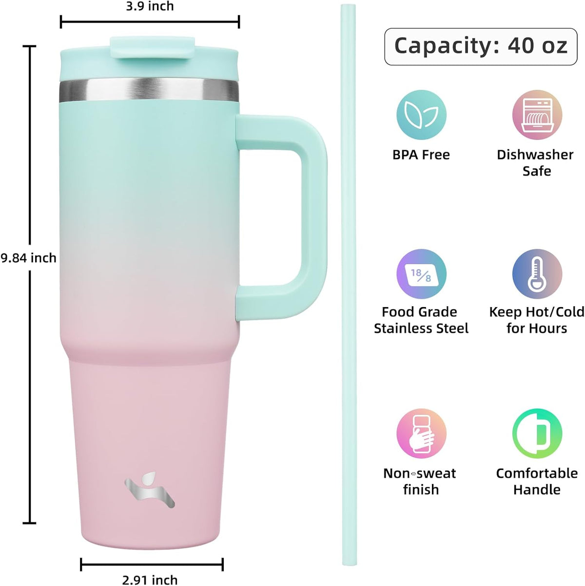 40 oz Tumbler with Handle and 2 Straws,2 in 1 Lid Insulated Water Bottle Stainless Steel Travel Coffee Mug,Gum