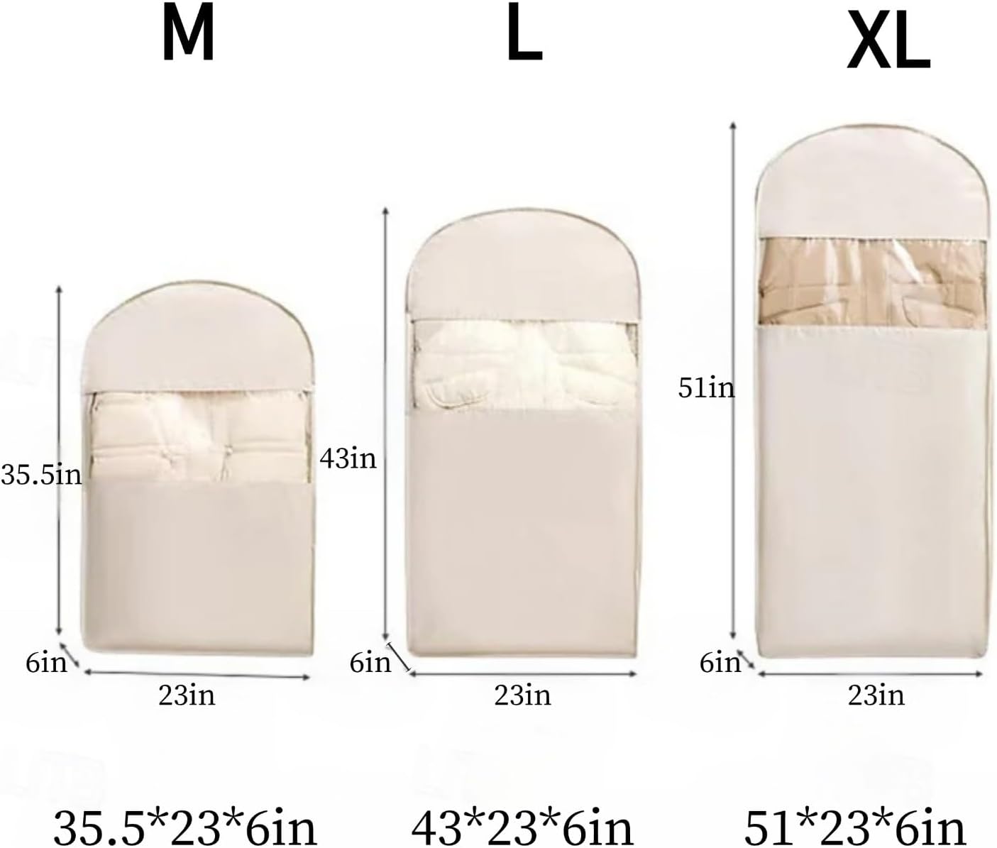 Space Saving Hanging Garment Bag With Self Compression Zipper,Garment Bags for Travel,Dust Cover for Coats Down Jackets, Closet Clothes Organizer with Clear Window (Beige, M+L+XL)