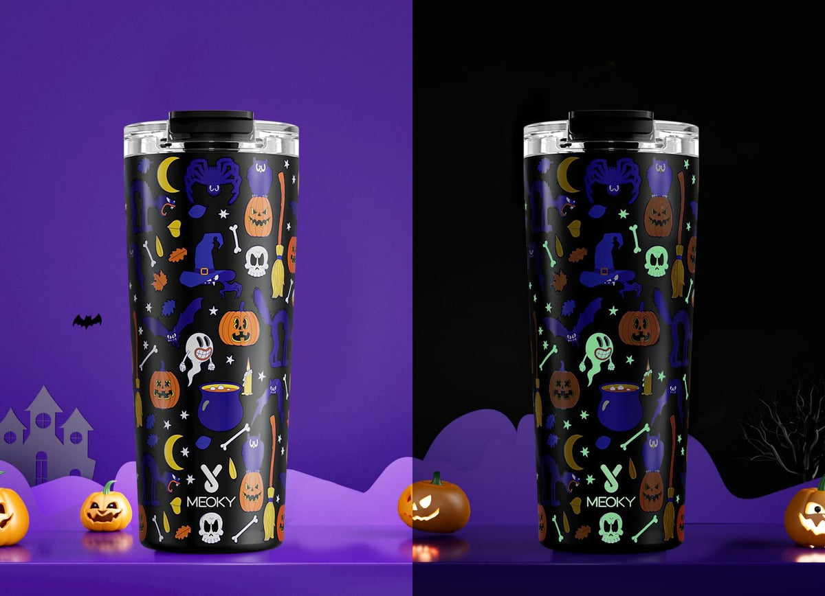 Meoky 24 oz Halloween Travel Coffee Mug with Leak-proof Lid, Glow in the Dark Stainless Steel Insulated Coffee Tumbler, Keeps Hot for 8 Hours, Fits in Car Cup Holder(Haunted Pumpkin)