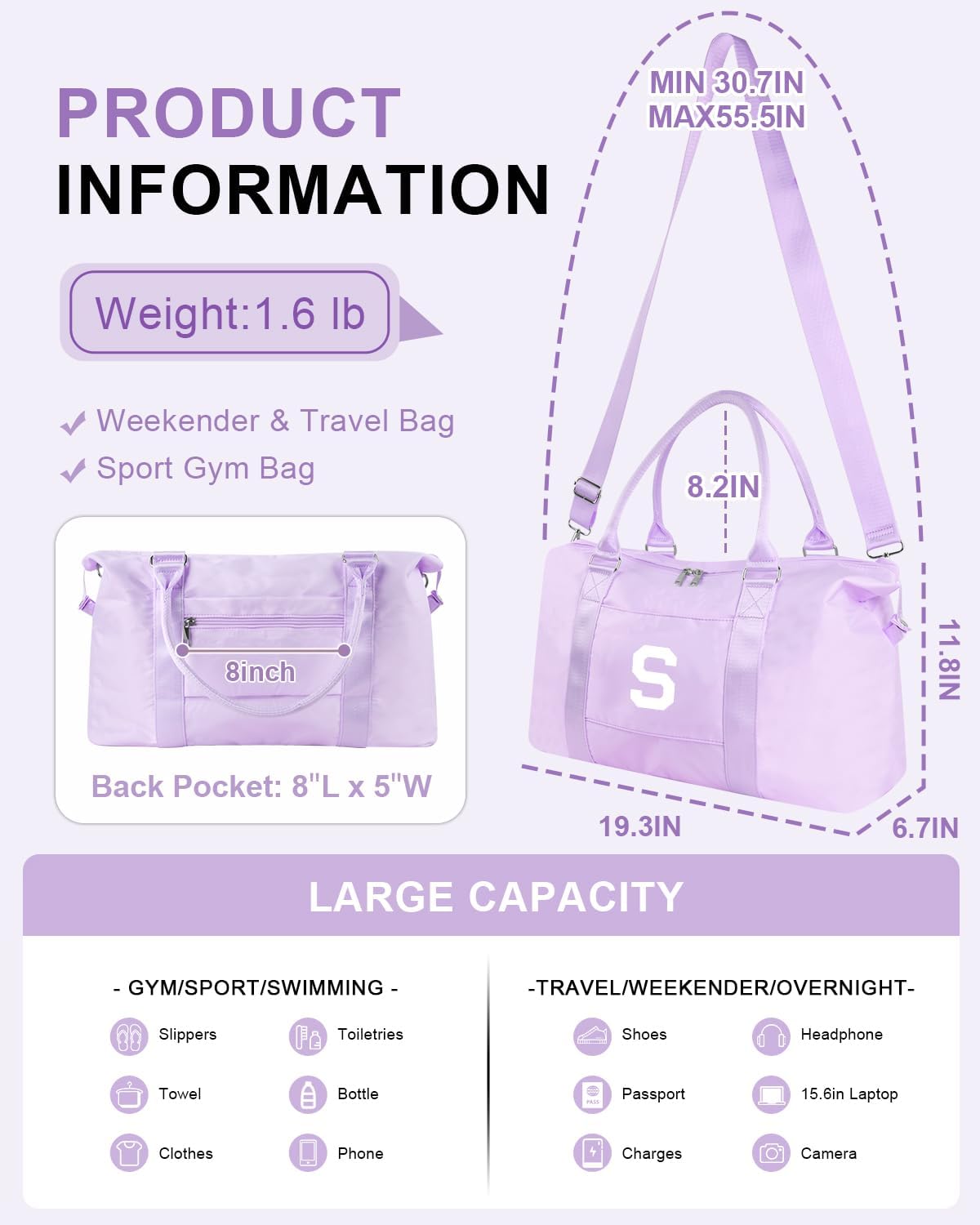 Daughter Niece Gifts for Teen Girl Kids, Initial Travel Duffel Bag Sports Gym Bag Personalized Gifts Weekender Bag，Monogram Overnight Bag Cute Dance Bag Birthday Bridesmaid Gifts for Women(Purple, S)