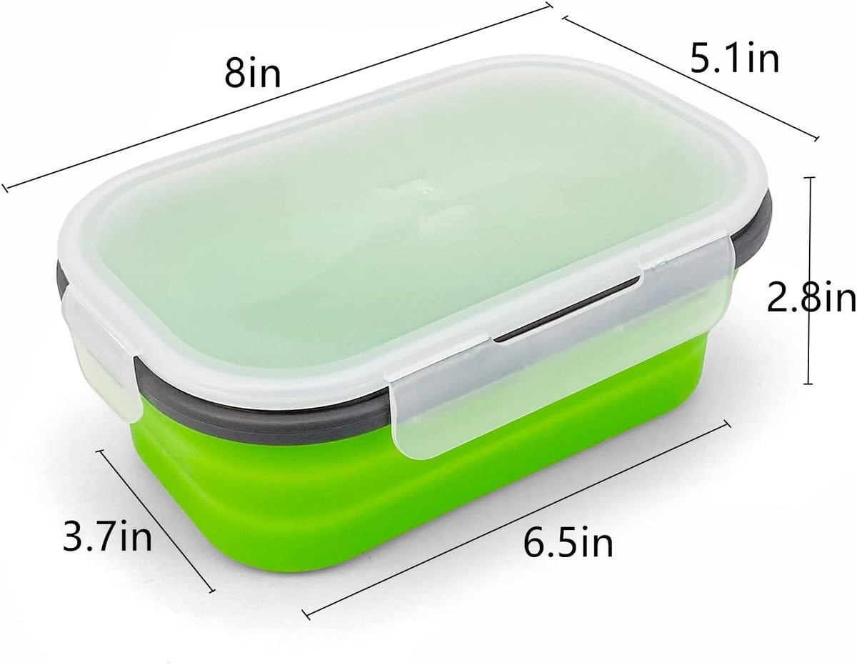 Green Food Grade Silicone Lunch Container Bento Box, Collapsible Food Storage Containers with Airtight Lids and 2in1 Fork, Reusable Food Container for Travel Camping, 1000ml Microwave Container