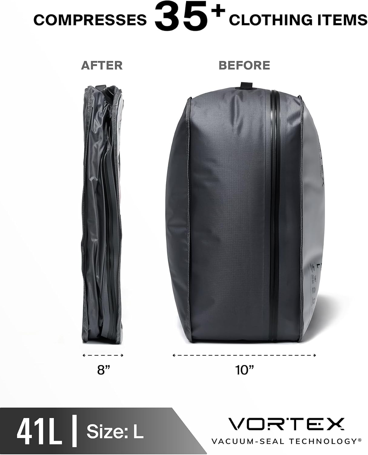 Black Voyage Reusable Vacuum Compression Travel Bag for Carry-On Suitcase and Backpack, Recycled IP67 Waterproof Space Saver Vacpack (2-Pack, 41L - Pump Included)