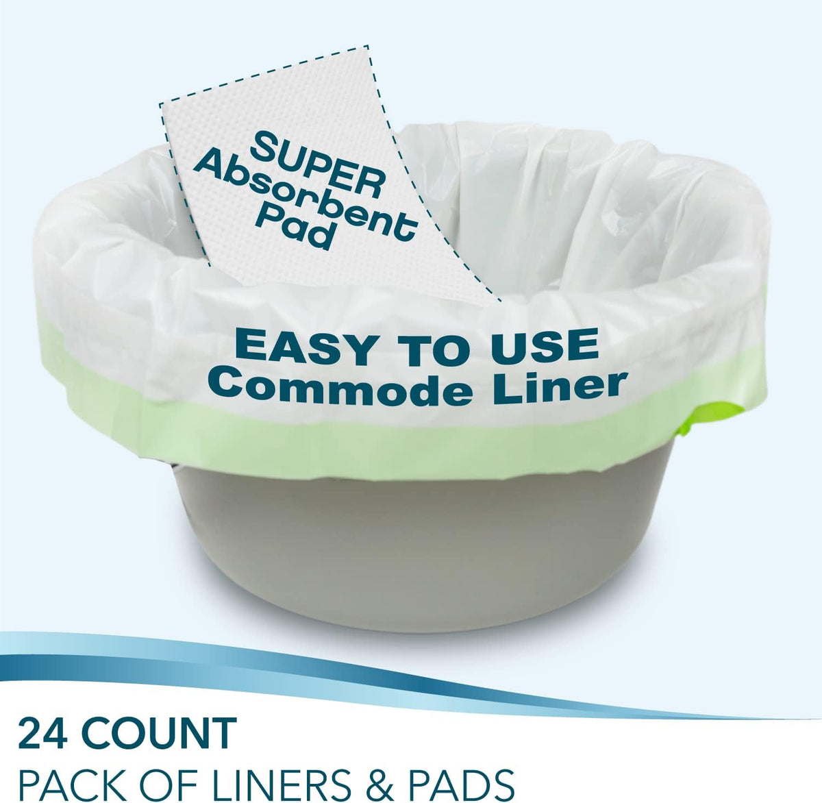 Disposable Bedside Commode Liners and Pads for Portable Toilet Chair Seat Bucket and Bedpan | Combo Pack of 24 Waste Bags and 24 Absorbent Pads | Universal Fit