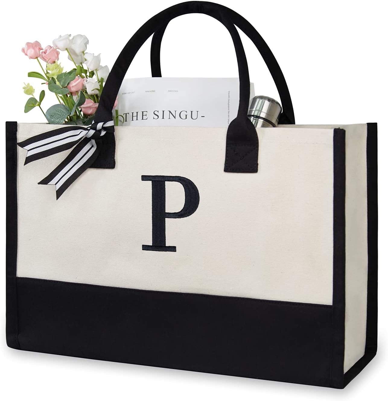 TOPDesign Embroidery Initial Canvas Tote Bag, Personalized Present Bag, Suitable for Wedding, Birthday, Beach, Holiday, is a Great Gift for Women, Mom, Teachers, Friends, Bridesmaids (Letter P)