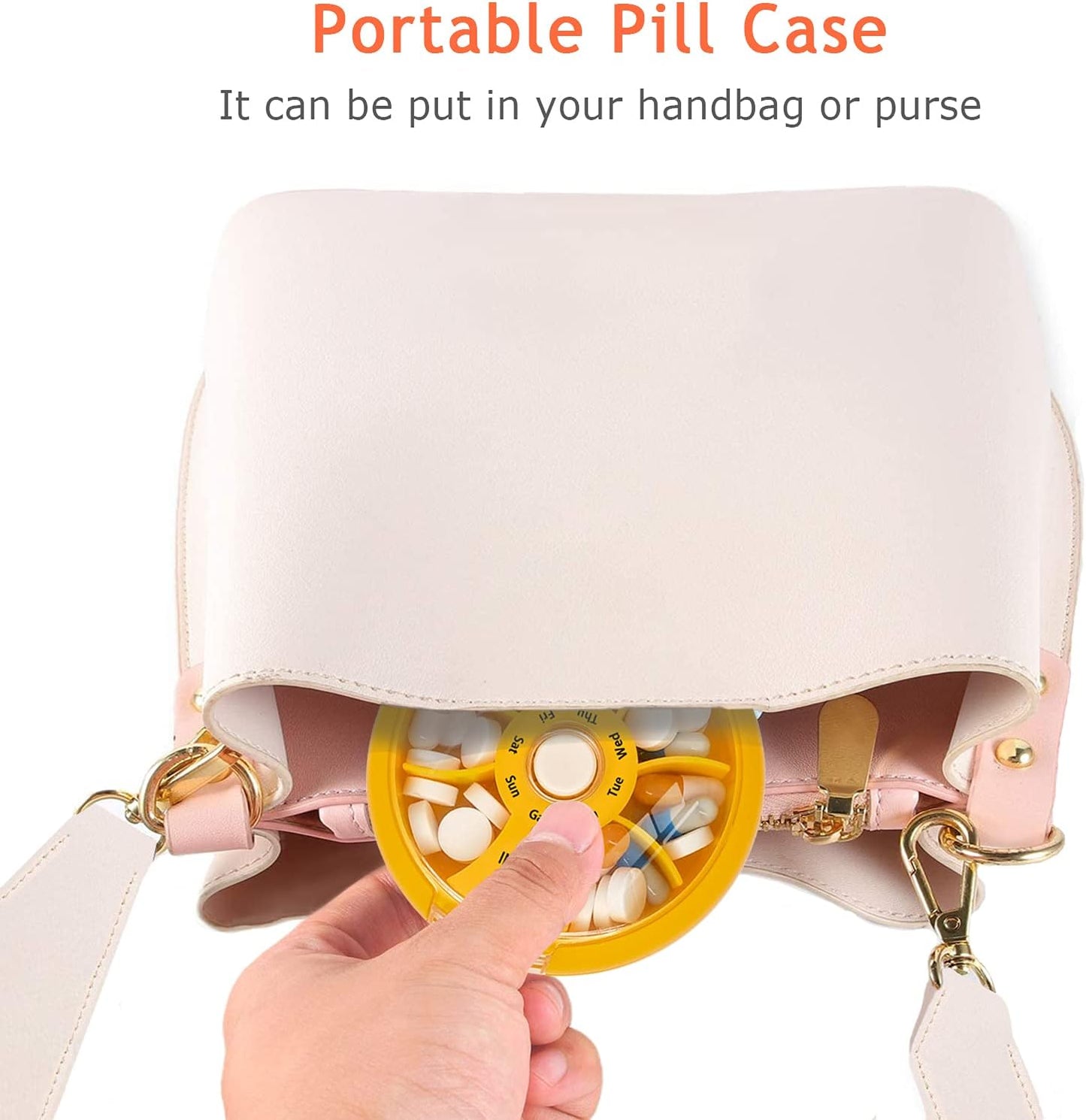 INVODA Weekly Pill Organizer 7 Compartment Rotating Pill Box for Daily Medication & Vitamins - Portable Travel Pill Case Fish Oil Supplements Vitamins Organizer (4 Pill Box+ 4 Bag)