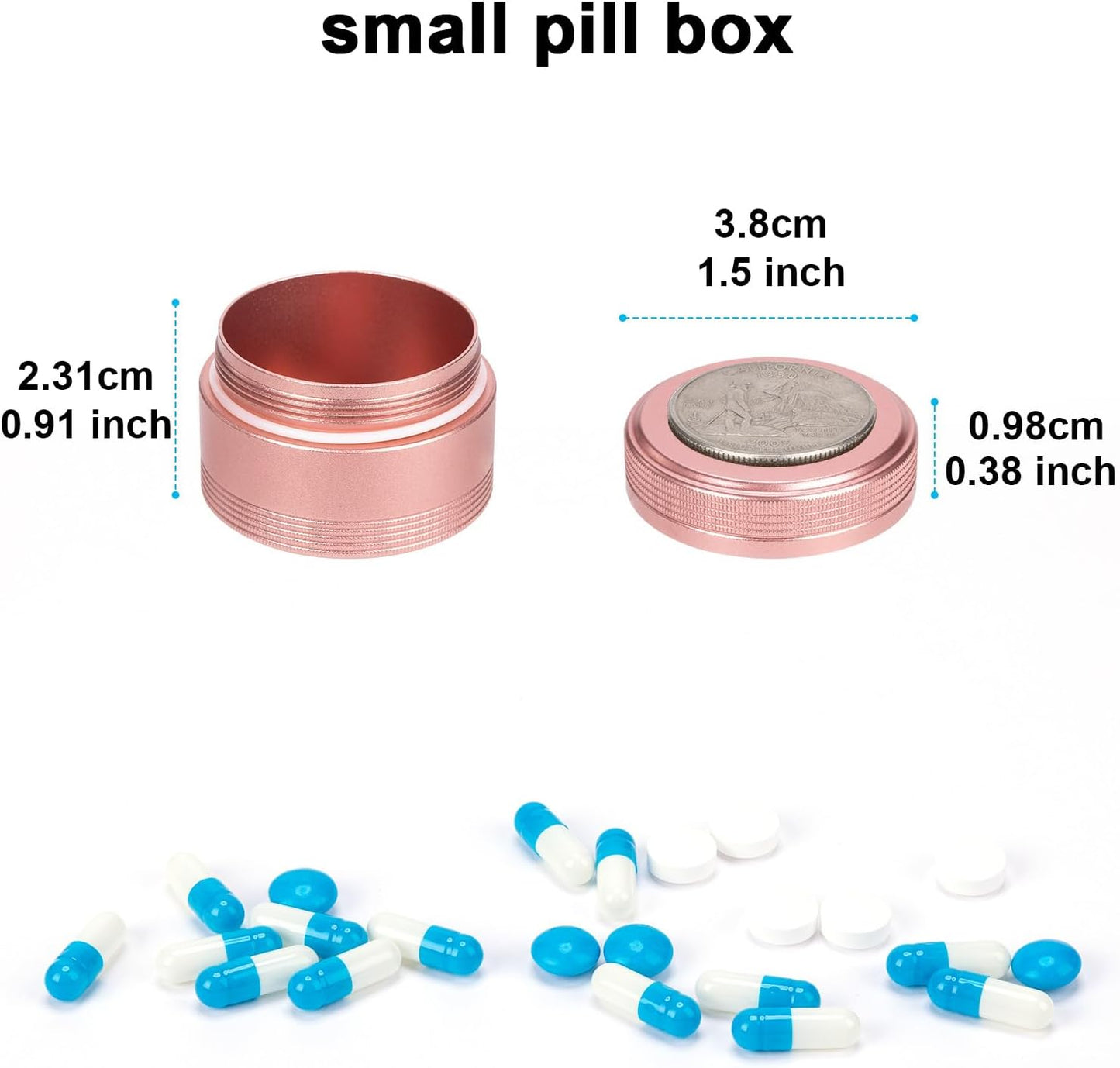 Small Metal Pill Box Pill Container - Waterproof Travel Pill Case for Purse Pocket, Portable Single Round Medecine Organizer Daily Vitamin Medication Pill Holder Pink