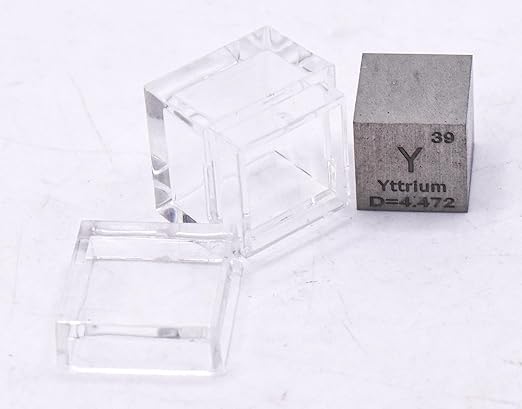 0.39" 10mm Yttrium Metal Cube Y up to 99.9% Pure Periodic Table Element Engraved Density Collection Science Education Display Block Cube + Acrylic Case Box - 1PC