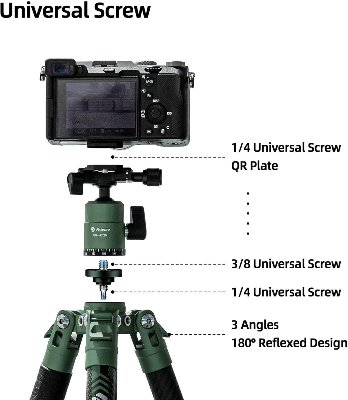 Fotopro Carbon Fiber Tripod 60 Inch 360 Degree Ball Head Quick Release Plate Lightweight Camera Tripod for Travel Tripod Folded Height Only 14.2",Max Loads up to 22lbs,Green