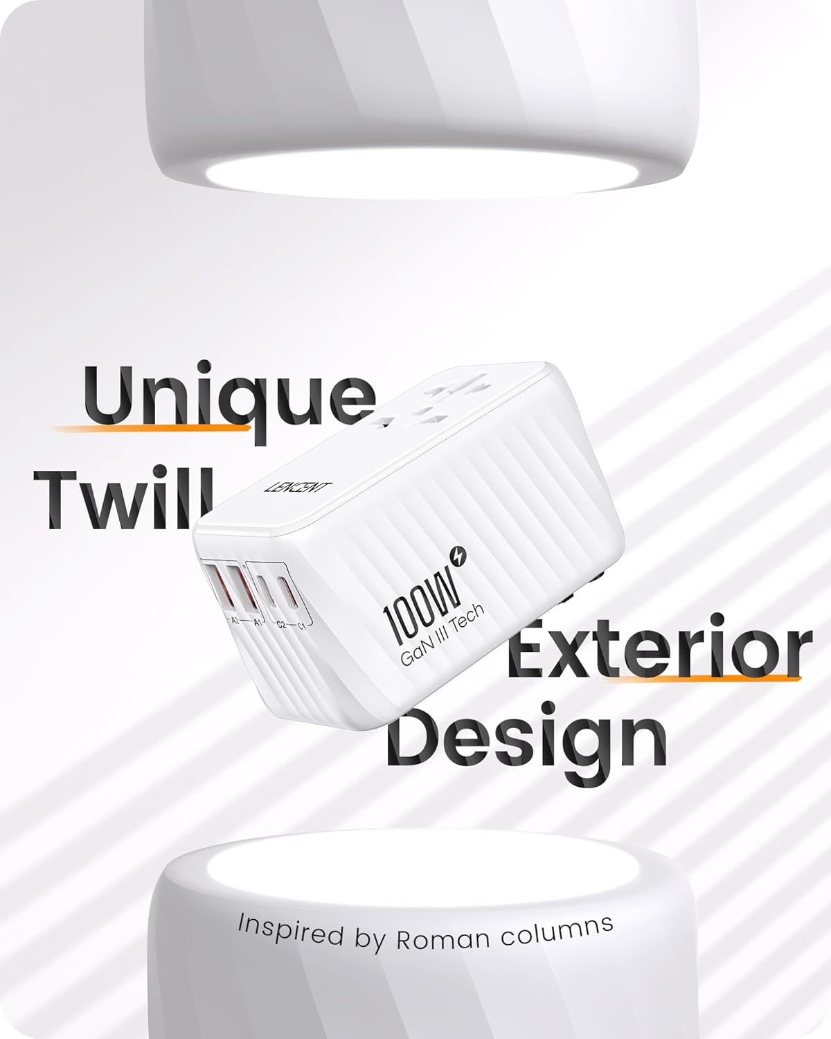 LENCENT Universal Travel Adapter, 100W GaN International Fast Charger with 2 PD3.0 Type C+2 QC USB A, Worldwide Power Adaptor for Phones,Laptops, All in One Travel Essentials for EU/USA/UK/AU, White