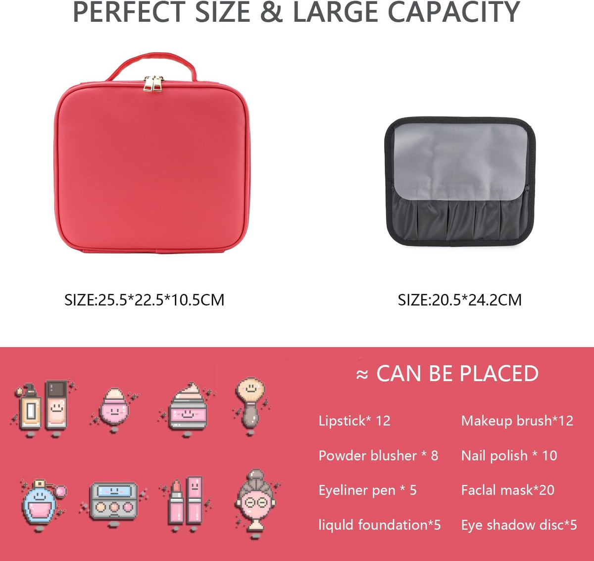 Makeup Bag with Led Mirror,Travel Makeup Organizer with 3 Color Setting, Portable Storage and Adjustable Dividers Travel Makeup Bag(light red)