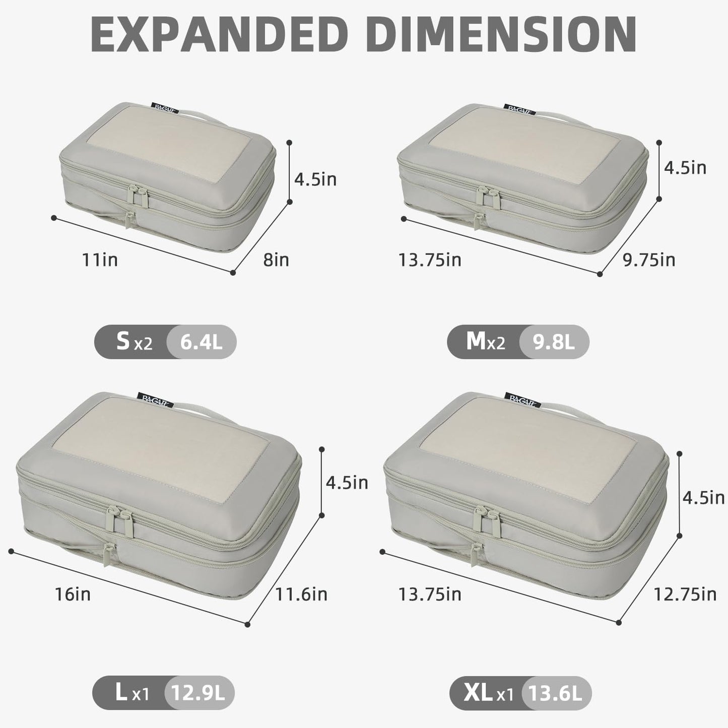BAGAIL 4 Set/6 Set/8 Set Compression Packing Cubes Travel Accessories Expandable Packing Organizers (Square Mesh, 06-Grey)