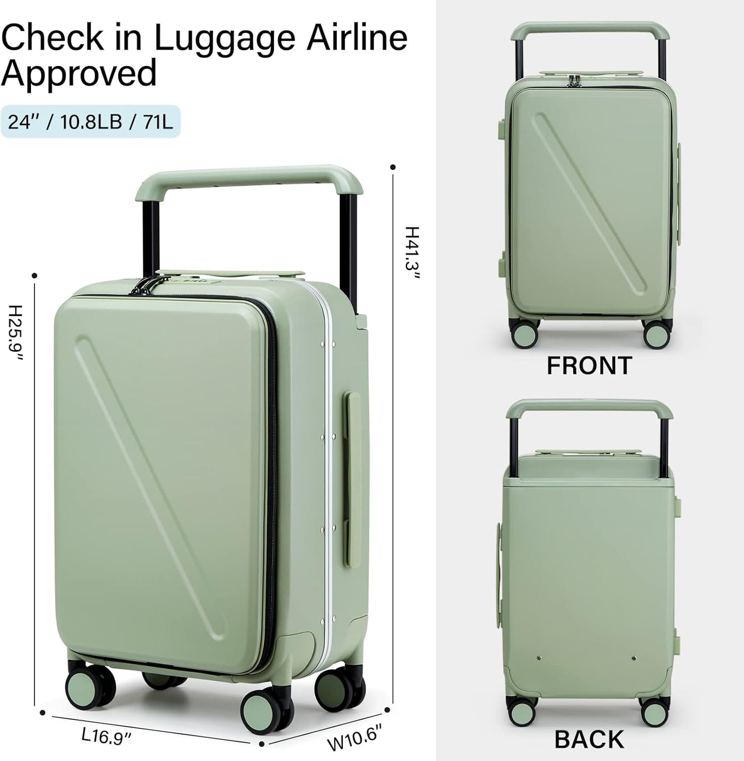 MILADA Wide Handle Luggage with Front Pocket Hardshell Aluminium Check In Suitcase with Wheels Medium 24 Inch Front Opening Checked Luggage with Spinner Wheels TSA Approved Luggage, Bamboo Green