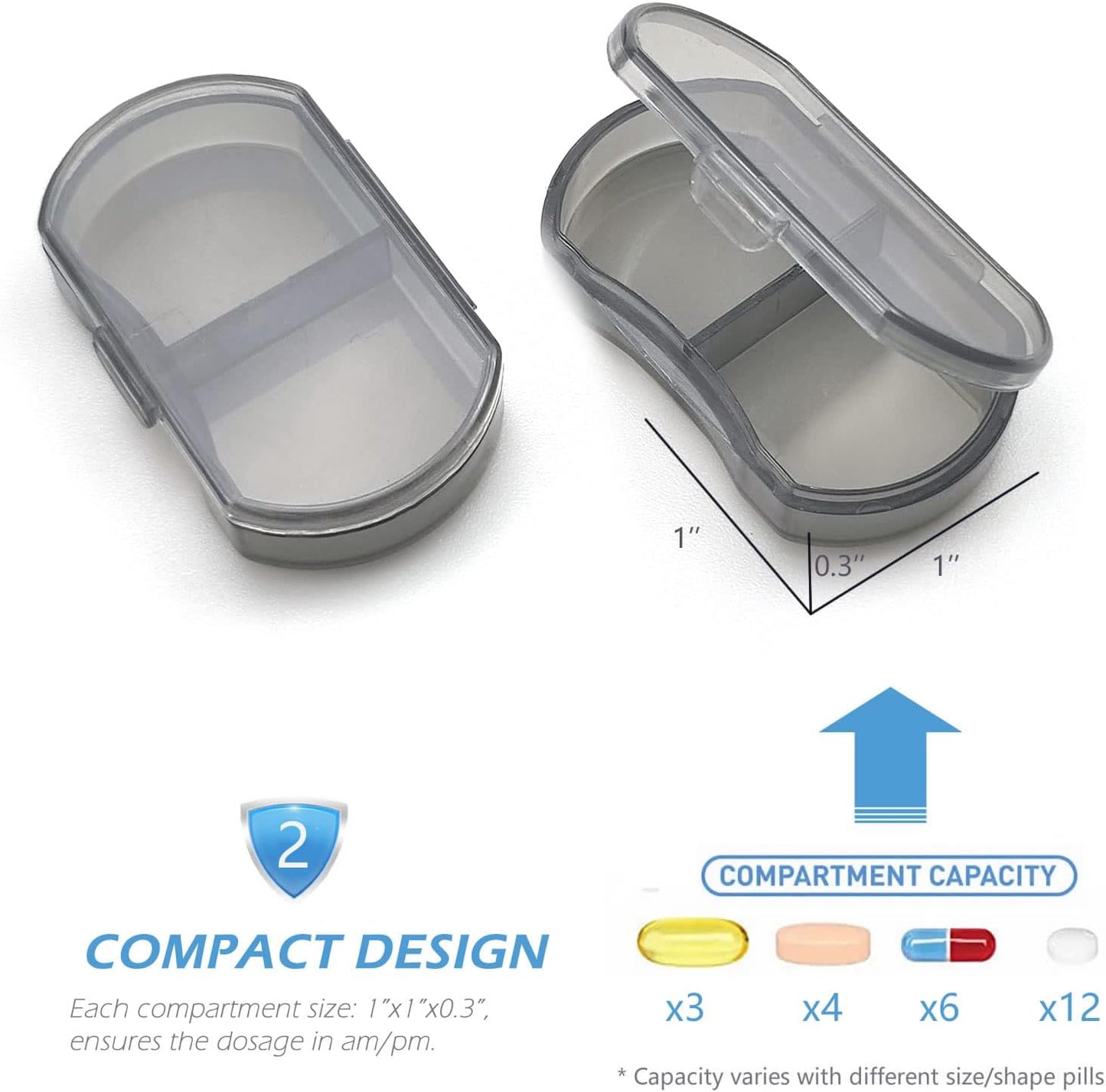 VOFOON Small Pill Organizer, Travel Pill Box for Purse, Keychain Pill Holder, Pocket Pill Container, 2 Times a Day Daily Portable Medicine Vitamin Case, Fish Oil Box, Supplement Box