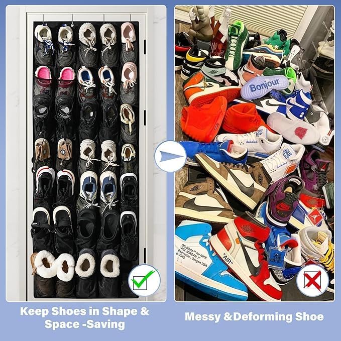 Over the Door Shoe Organizer, 24 Large Breathable Mesh Pockets, Hanging Storage Holder, Hanging Shoe Organizer(Black)