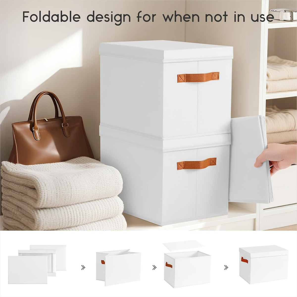 Storage Bins with Lids - Large Fabric Closet Bins with Lid, 8 Pack Clothes Organizers and Storage, Collapsible Stackable Cube Basket for Home, Office, Dorm, White