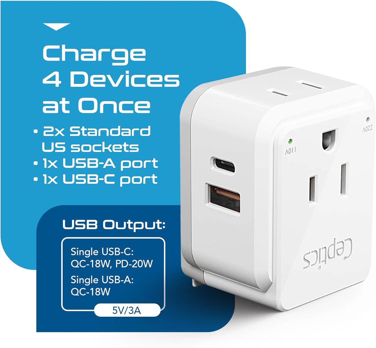 Ceptics Thailand Travel Adapter Set, PAK KIT 20W PD & QC, Type O - 3.1A - 4 in 1-2 USA Inputs, 1 USB Port, 1 USB-C Port - Compact, Powerful - Includes Type O Swadapt Attachments
