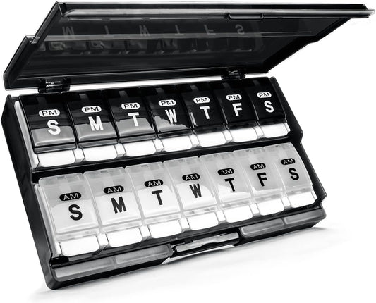 Extra Large Weekly Pill Organizer 2 Times a Day - Remtise Am/Pm Daily Pill Case Medicine Organizer, Push Button 7 Day Pill Box for Pills/Vitamin/Cod Liver Oil/Supplements (Black & White)