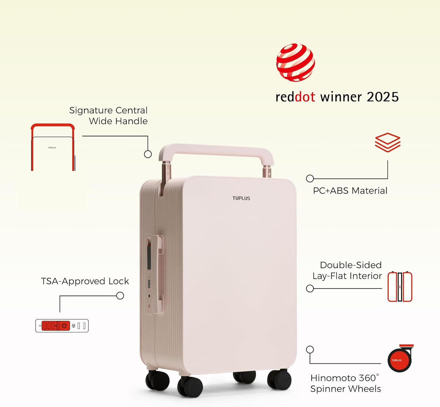 TUPLUS 20” Carry-On Hardside Luggage Lightweight ABS Travel Suitcase with Wide Handle Spinner Wheels TSA Combination Lock, Balance Series 2.0, Sakura Pink