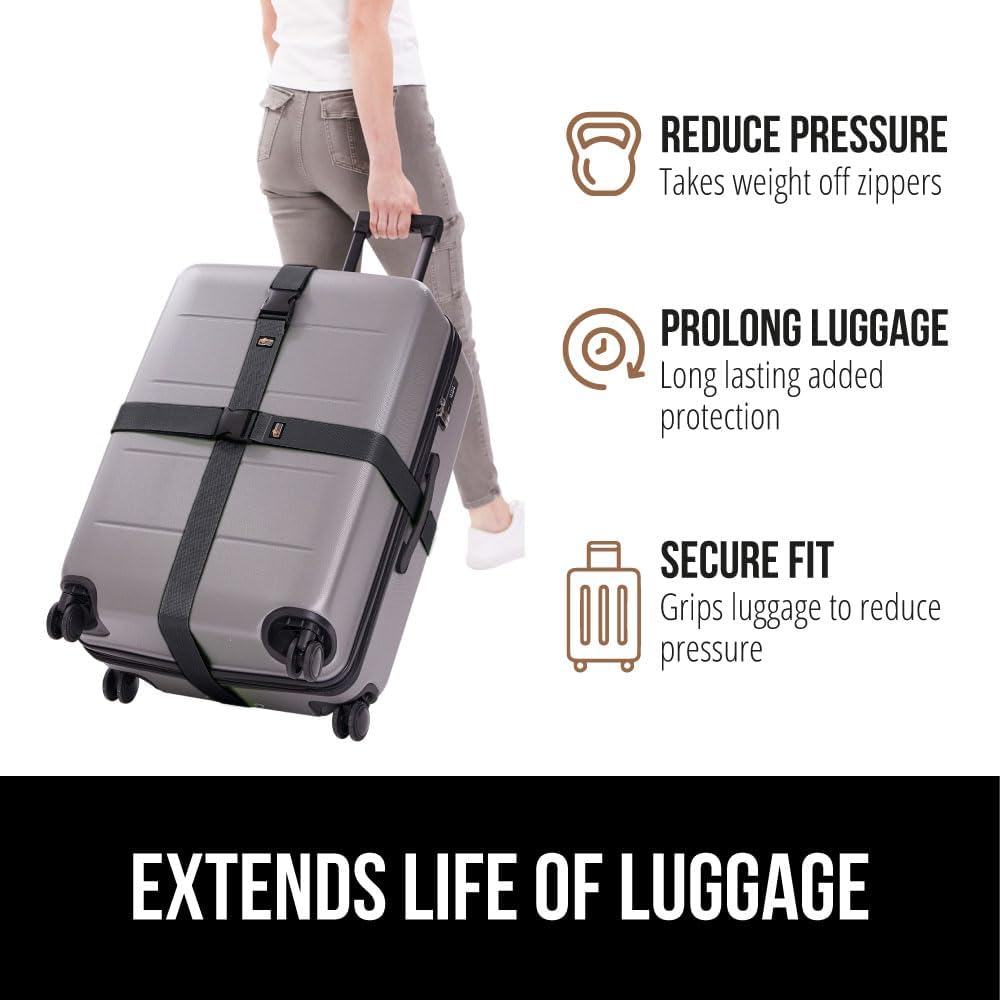 GORILLA GRIP Heavy Duty Adjustable Luggage Straps for Suitcases, Easy to Identify Travel Belt Connector Holds Suitcase Together, Extends Life of Bag, Strap Connects Two Bags, Accessories 2 Pack Black