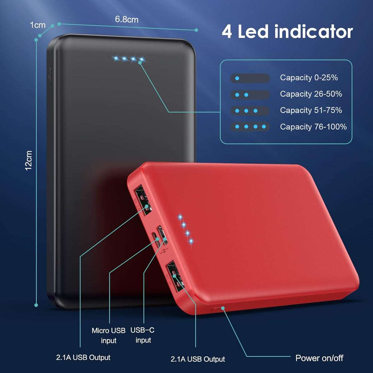 [2 Pack] Portable Charger Power Bank 10000mAh,Ultra Slim Compact External Battery Pack with USB C Input & Dual USB Outputs Backup Charger Compatible with iPhone 13,12, Samsung S20,Tablet-Black+Red