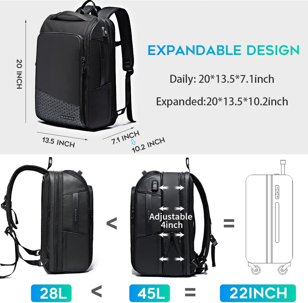 BANGE 45L Expandable Travel Backpacks,Weekender Carry On Backpack, Flight Approved Business Backpack for 17.3inch Laptop