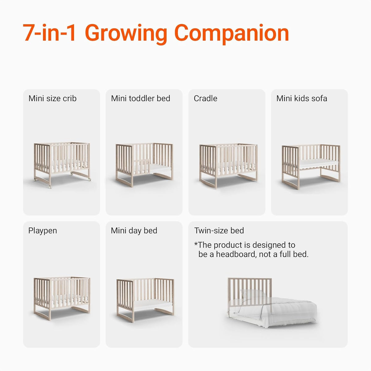 EvoNook 6-in-1 Convertible Mini Crib, 100% New Zealand Wood, 4 Adjustable Mattress Heights, Crib with Mattress, Washed Natural
