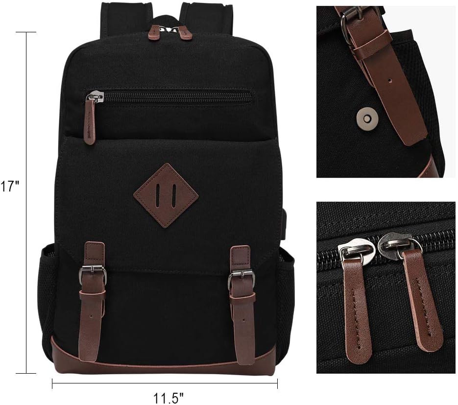 Canvas Backpack for Men Women, Vintage Rucksack Fits Most 15.6 Inch Laptop, Bookbag with USB Charging Port, Black
