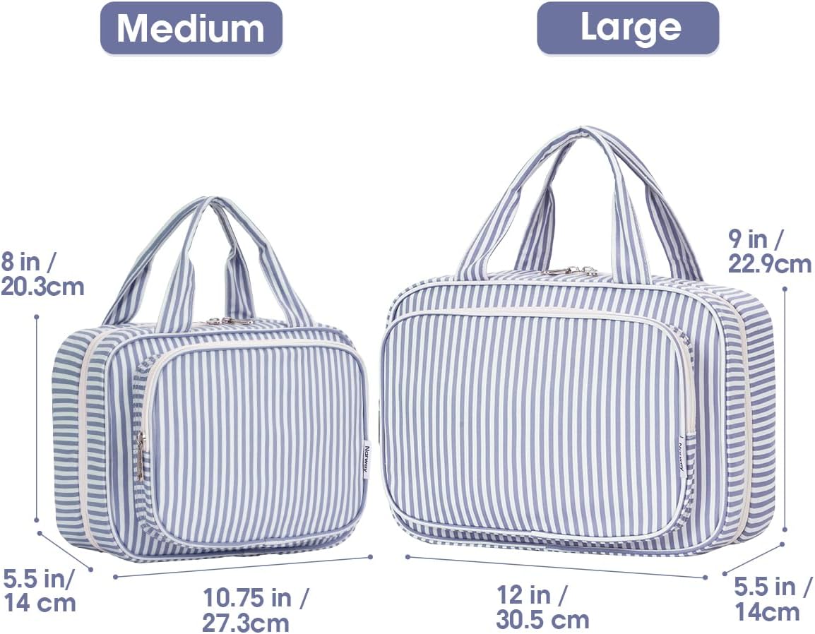 Narwey Striped Travel Toiletry Bag for Women Large Hanging Makeup Bag Organizer Toiletries Bag for Full Size Essentials Accessories Cosmetics (Greyish Blue Stripe (Large))