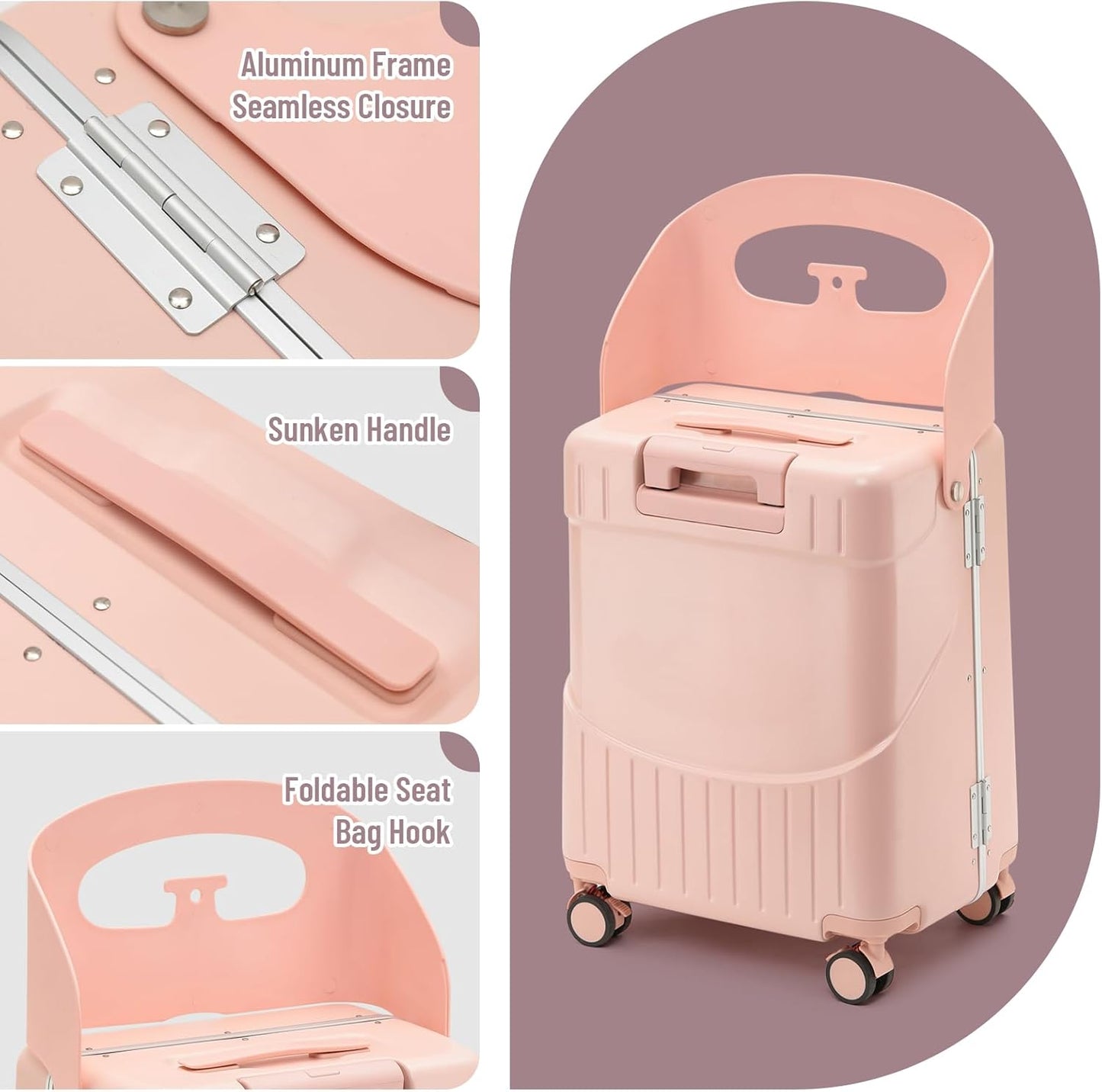 20 Inch Carry On TSA Lock Luggage for Kids& Adult,Lockable Spinner Wheels Free Luggage Cover and Safety Seatbelt Travel Suitcase (Carry-On TSA Luggage with Child Seat Pink)