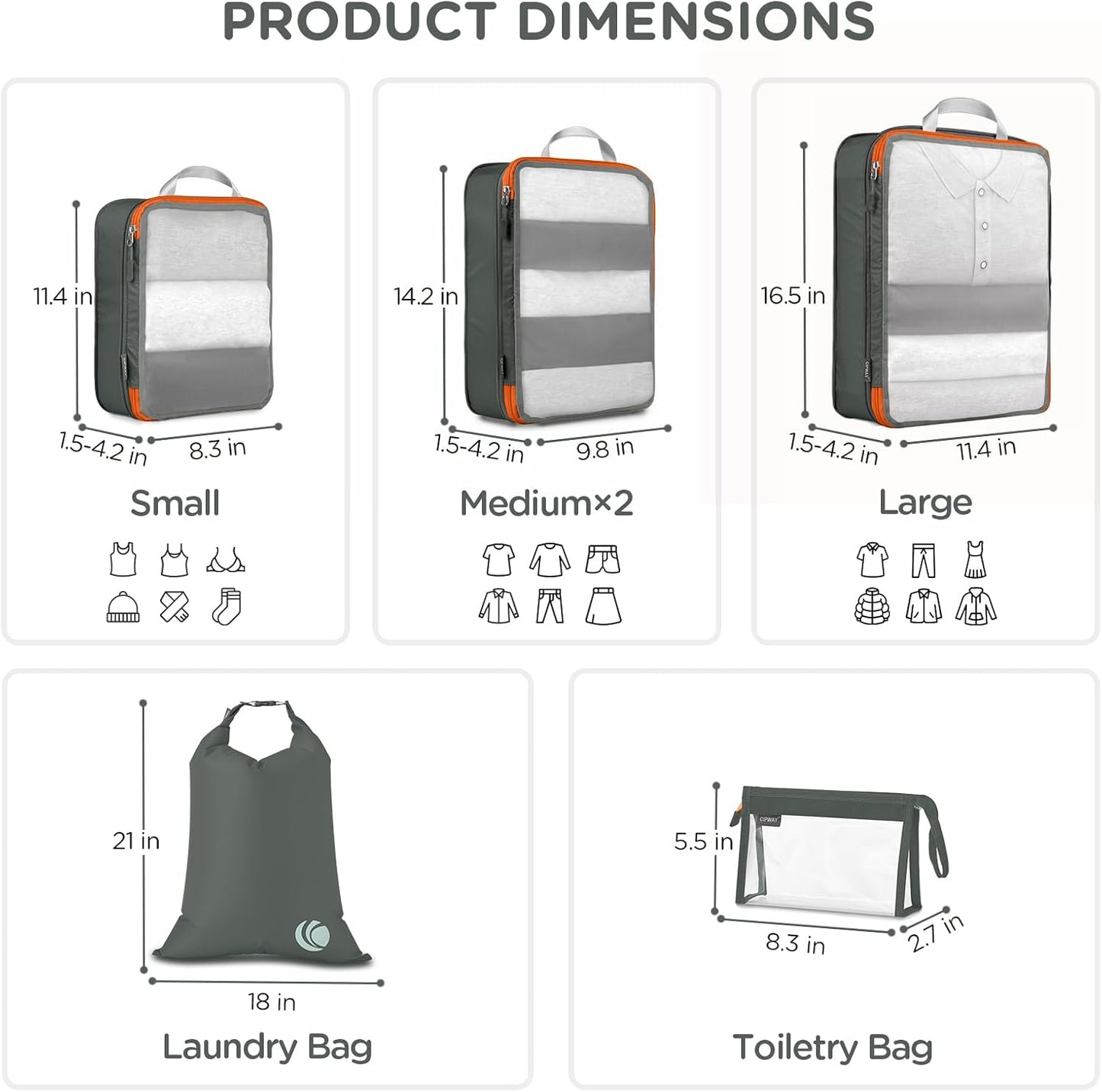 Cipway Compression Packing Cubes, See Through Mesh Luggage Organizer Bags, Travel Essentials for Carry on Suitcase with Laundry Bag and Clear Toiletries Bag（6Pcs,Grey）