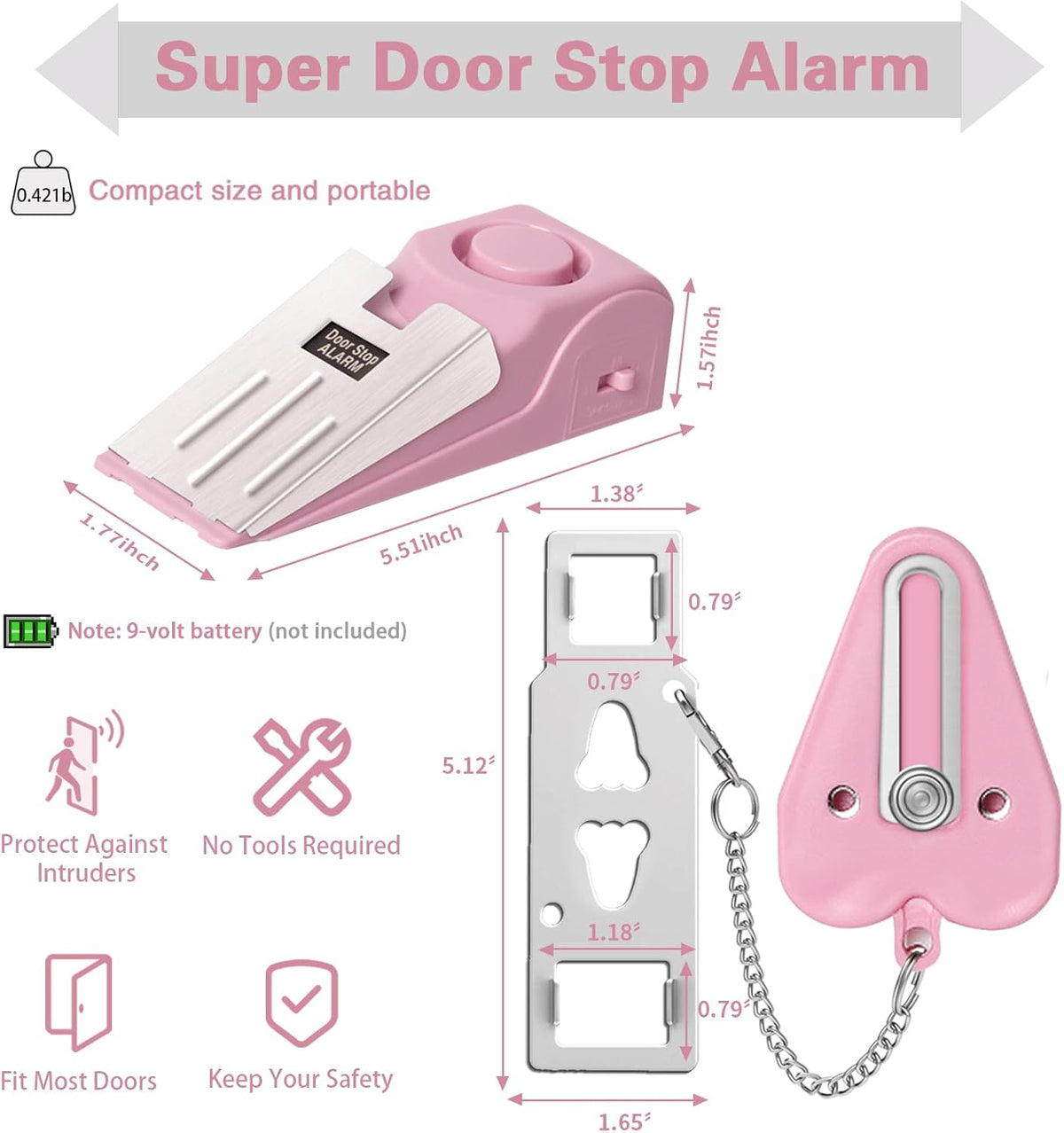 Portable Door Lock & Door Stop Alarm Set, Dual Protection Home Security Door Kit, Travel Hotel Door Lock Devices Pocket Self Defensey Tools for Traveling Hotel Home Apartment,Pink