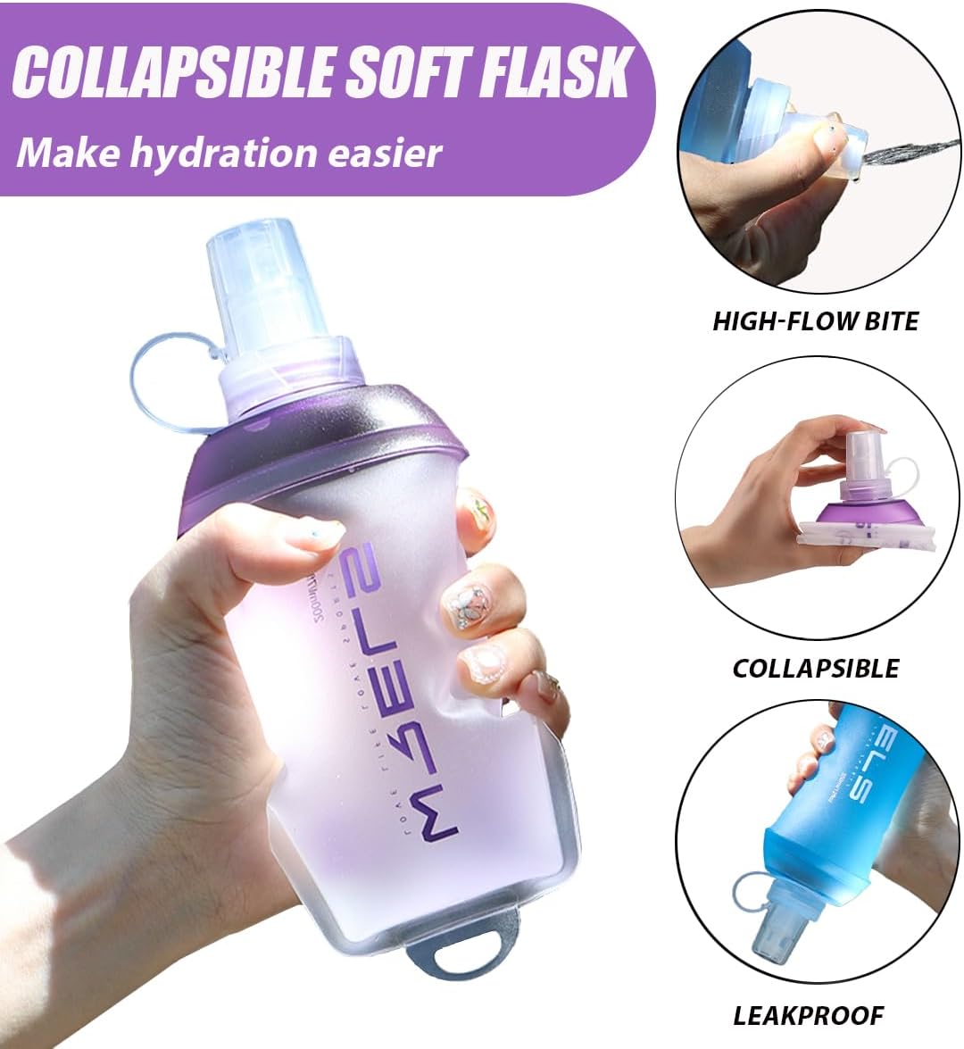 200ml/350ml/500ml Collapsible Soft Flask,BPA Free Folding Soft Water Bottle with Hanging Ring,Lightweight TPU Hydration Flask for Running Marathon Cycling Hiking(200ml-2 Packs)