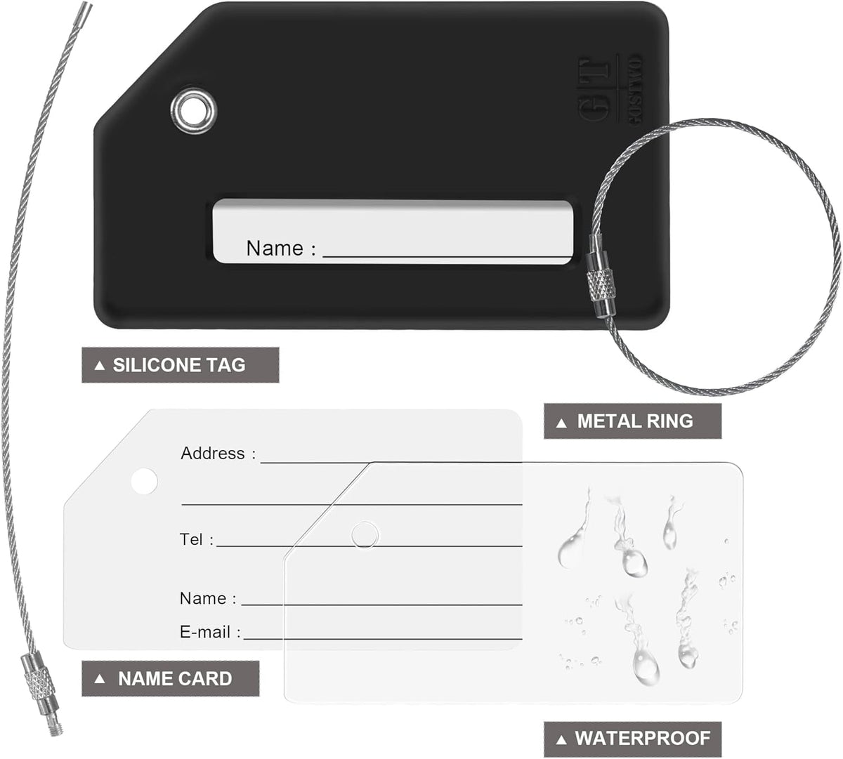 8 Pcs Luggage Tags for Suitcases, 26 Initial Letter Travel Luggage Baggage Identification Labels ID Tags Fully Bendable Tags with Stainless Steel Loop (Letter L, Black)