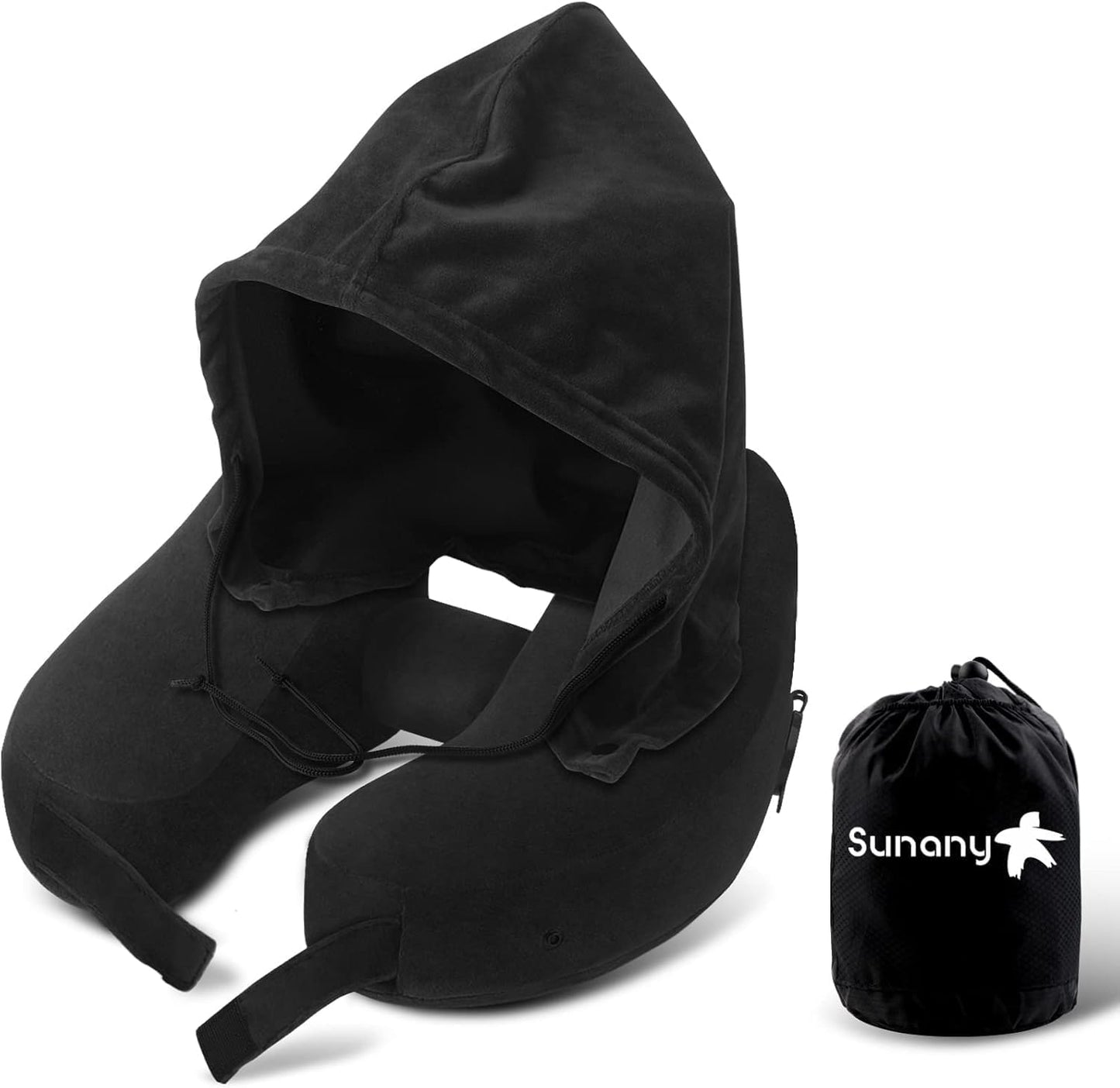 Neck Pillow for Travel Inflatable Airplane Pillow Comfortably Supports Head,Neck and Chin,Inflatable Travel Pillow with Soft Velour Cover,Hat,Portable Drawstring Bag (Black)