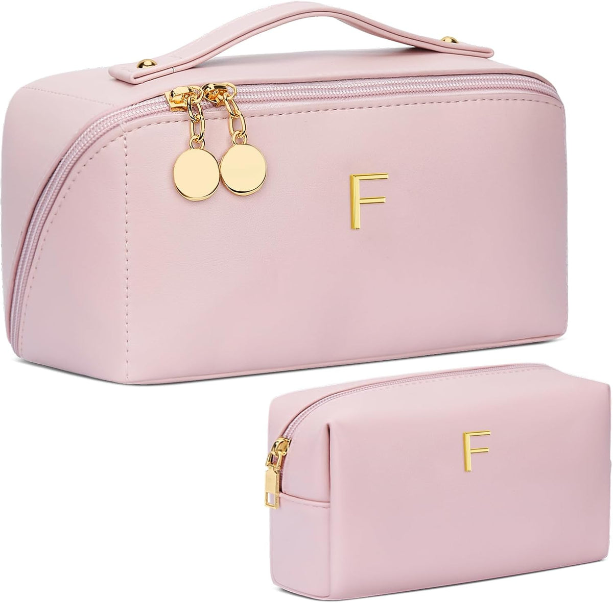 Birthday Gifts for Women Teen Girl, Personalized Initial Makeup Organizer Bag Set, Open Flat Travel Cosmetic Bag With Clear Divider and Handle(Pink,F)