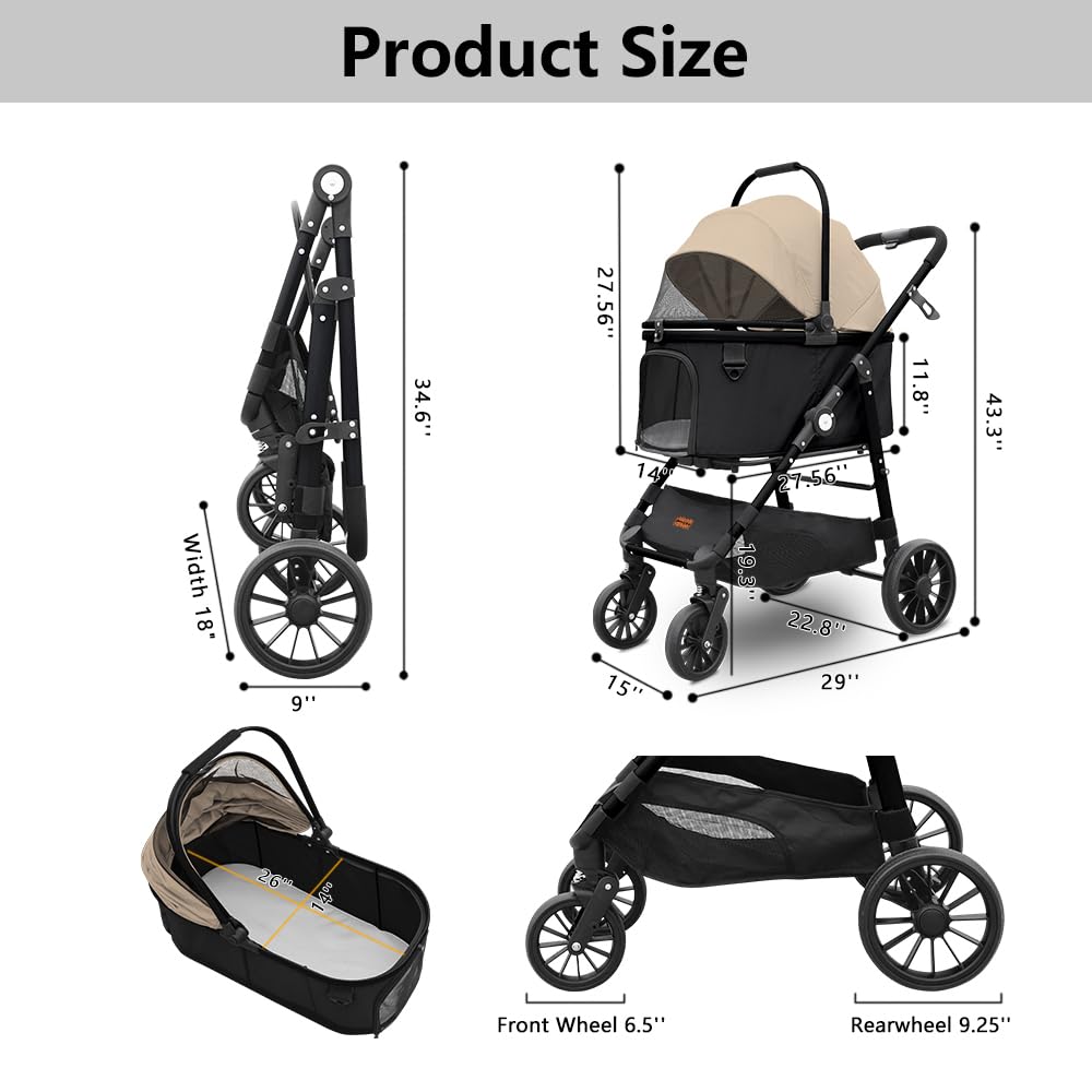 Dog Cat Stroller, Foldable 4 Wheels Dog Stroller for Small Medium Dogs 20 lbs,Pet Strollers for Large Dogs 50lbs, Stable Anti-Shock Detachble Carrier,with 360°Swiveling Front Wheel forTravel