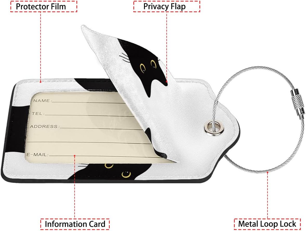 Cat's Gaze 2 Pack Luggage Tag for Suitcase, Cute Unique Leather Bag Tags Identifiers Privacy Cover ID Label with Steel Loop for Women Men Kids Girls Travel