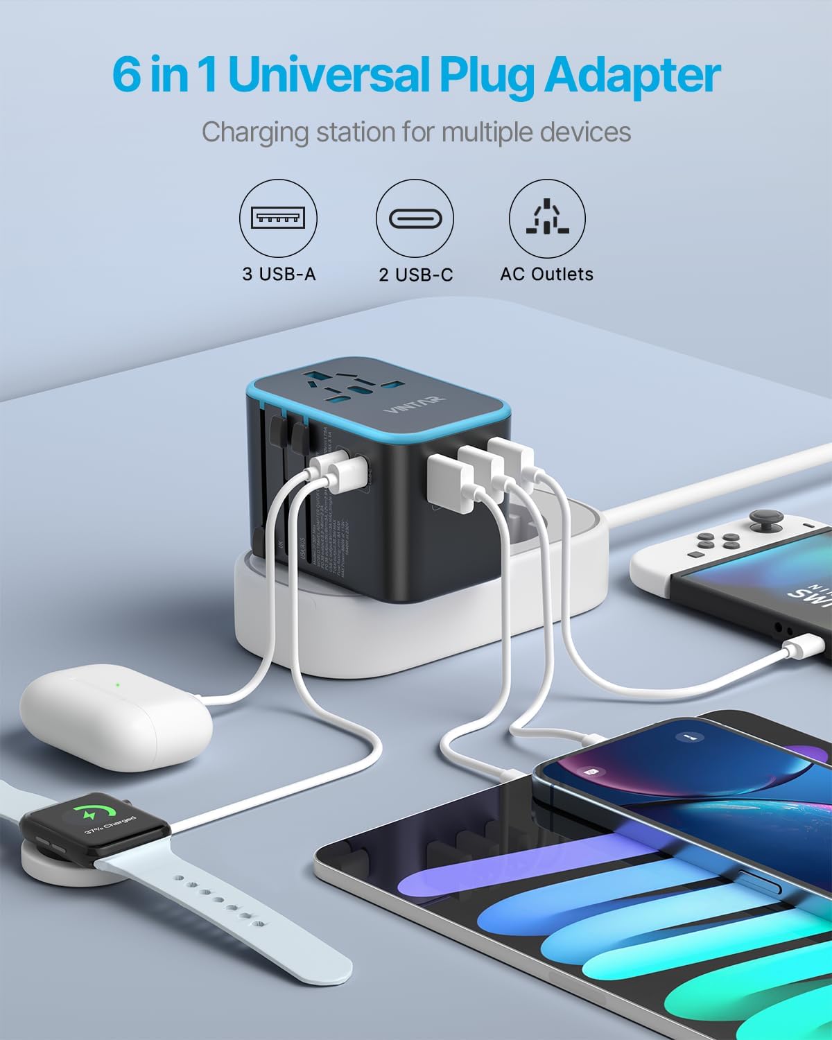 Universal Travel Adapter, VINTAR 35.5W International Power Adapter with 3 USB A QC and 2 USB C PD, All in One Plug Adapter Worldwide Travel Essentials for EU/UK/USA/AUS(Type C/G/A/I), Blue