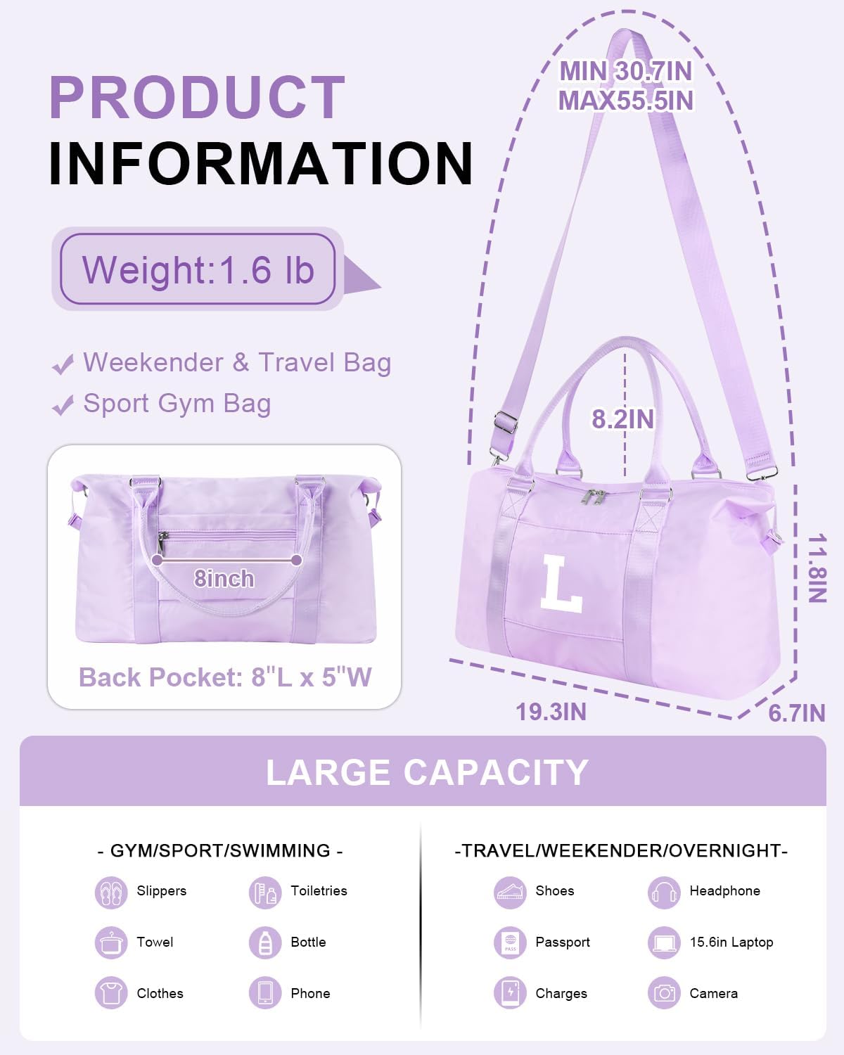 Daughter Niece Gifts for Teen Girl Kids, Initial Travel Duffel Bag Sports Gym Bag Personalized Gifts Weekender Bag，Monogram Overnight Bag Cute Dance Bag Birthday Bridesmaid Gifts for Women(Purple, L)