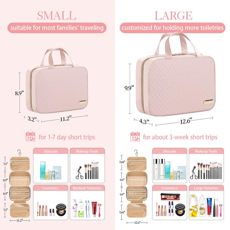 HOTOR Travel Toiletry Bag w/Hanging Hook - Spacious Toiletry Bag Essentials for Women & Men, Makeup Bag/Big Comparment, Waterproof for Travel Accessories, Large, Pink