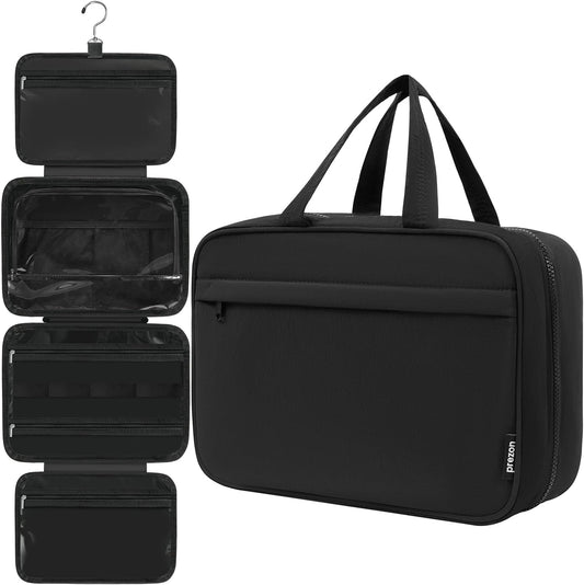 Toiletry Bag For women,Portable Hanging Organizer,4 Leakproof Compartment for full-sized Conditioner, Brushes Set, Makeup Accessories,Visible and easy to access.L-black