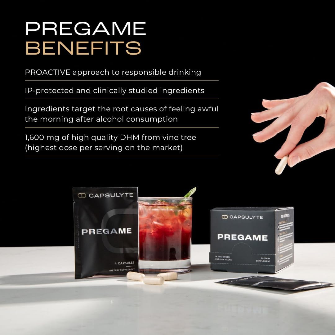 Pregame | Prevent Feeling Awful After Drinking | Alcohol Aid and Liver Health | Doctor Formulated | DHM, N-Acetyl Cysteine NAC, Milk Thistle | Box of 14 Packets (56 Capsules)