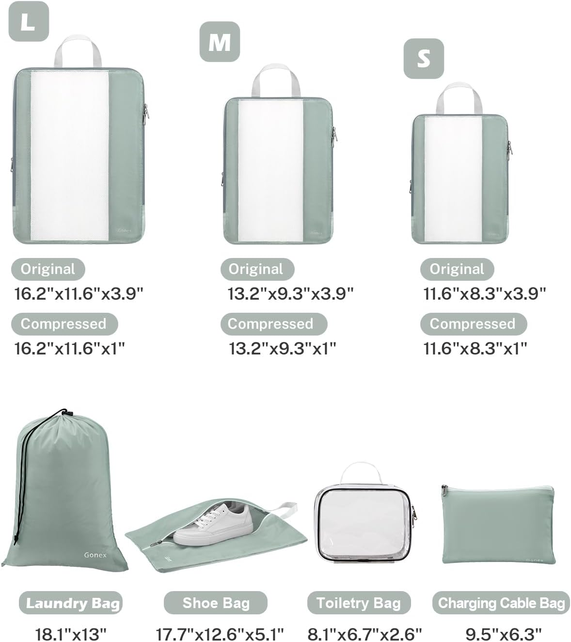 Gonex 8 Set Compression Packing Cubes for Travel Essentials, Expandable Mesh Organizer with Toiletry, Laundry, Shoe, Cable Bags for Suitcases, Gray