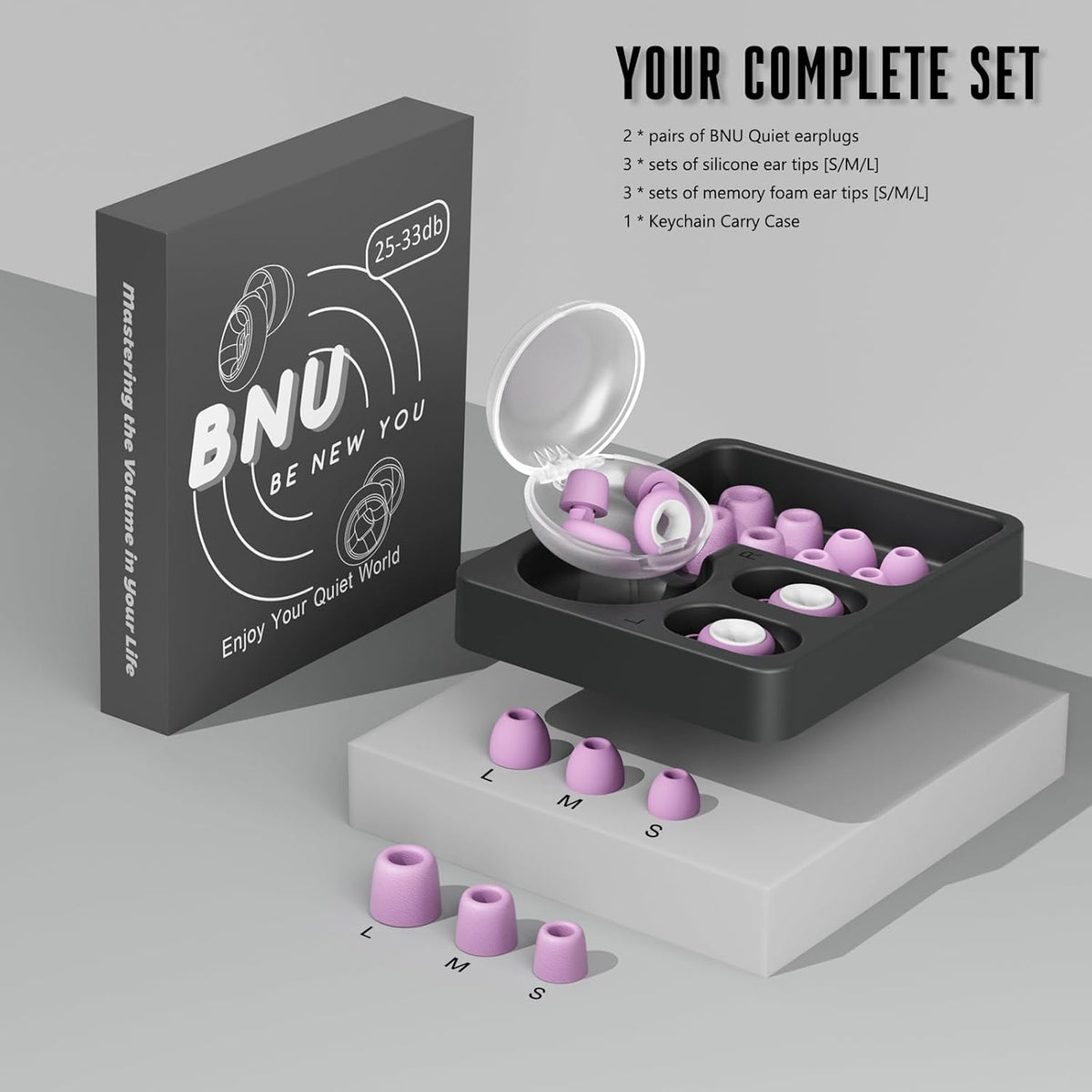 Concert Ear Plugs, 2 Pair BNU High Fidelity Noise Cancelling Earplugs Hearing Protection for Musicians,Festivals,Raves Sleep, 25-33db Noise Reduction 6 Pair Reusable Foam＆Silicon Tips in S/M/L Purple