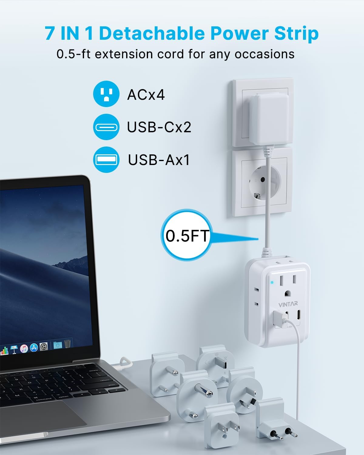 VINTAR Universal Travel Adapter Kit, 0.5ft Detachable Extension Cord with 4 AC Outlets & 3 USB(2 USB C), Type A/C/G/D/I/M International Power Adaptor for US to Europe UK India South Africa Japan