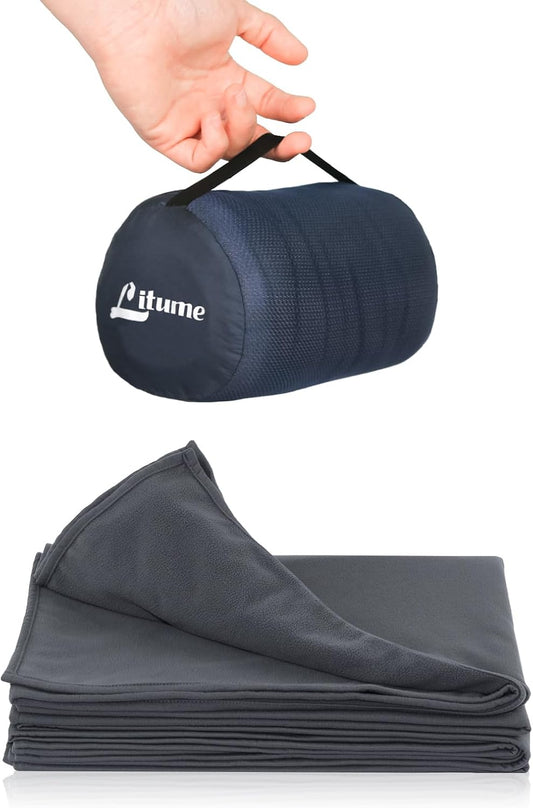 Travel Camping Blanket Lightweight and Breathable, 67 x 48 in Soft Airplane Flight Blanket for Travelers, Foldable Sheet with Stuff Sack for Train, Camp, backapcking, Office, Home (E651 Grey)