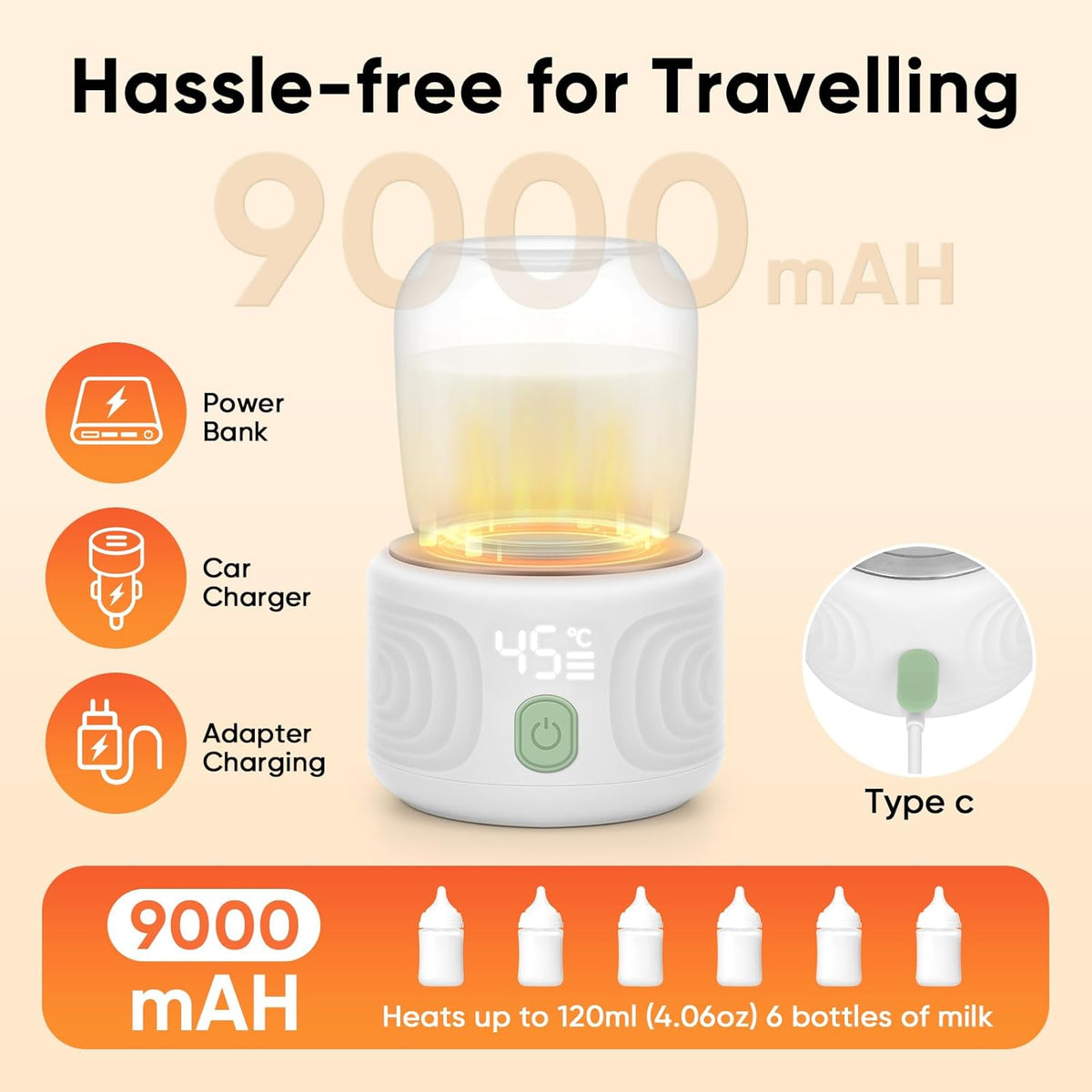 Baby Bottle Warmer, Maypott Portable 3 Minutes Fast Milk Warmer for Travel with 4 Selectable Temperature & Burn Protection, Leak-Proof & Safe Rechargeable Bottle Warmer for Breastmilk, Formula, Water